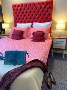 巴克乌Garsoniera Riviera的一间卧室配有一张大床和大型红色床头板
