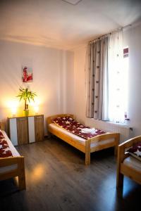 奥多尔黑塞库耶斯克Elekes Apartmans的一间卧室设有两张床和窗户。