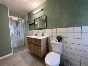 贝尔谢巴Lovely New Central Apartment的一间带卫生间、水槽和镜子的浴室