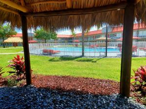 维洛海滩Vero Beach Inn & Suites Vero Beach I-95的一个带游泳池和草伞的度假胜地