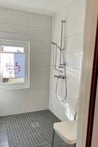 Thea的带淋浴的白色浴室和窗户。