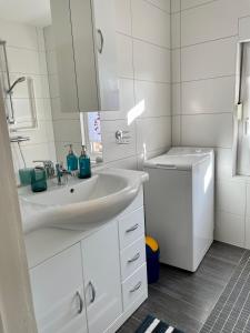 Thea的白色的浴室设有水槽和洗衣机。