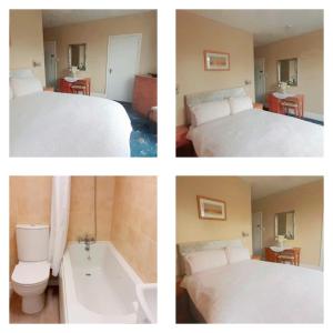 卡姆尔福德The Countryman Hotel的卧室的三张图片,配有一张床和一个浴缸