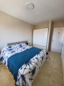圣克鲁斯-德特内里费Apartamento céntrico en Candelaria, con piscina.的一间卧室配有一张带蓝色毯子的床