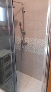 科尔丘拉MERICA Kneže的浴室里设有玻璃门淋浴