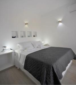普恩达Blue diamonds villas Paros的一间白色卧室,配有一张大床和两个灯