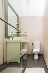 高尔加勒堡入口旅馆的一间带卫生间、水槽和镜子的浴室