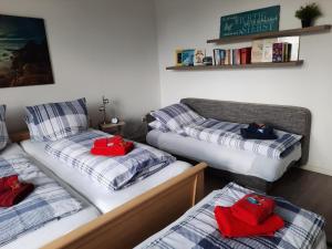 海德Stefanie的宿舍间内的两张床,配有红色枕头