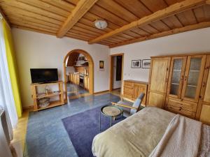 特尔乔夫Apartmány Skalka的一间卧室配有一张床、一张桌子和一台电视。