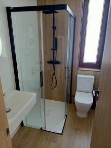 圣马丁德尔卡米诺Albergue La Huella的一间带卫生间和玻璃淋浴间的浴室