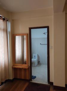 帕坦Awale House的带淋浴、卫生间和镜子的浴室