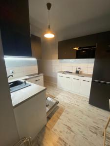 奥古斯图Apartament nad jeziorem Białym的厨房配有白色橱柜和水槽