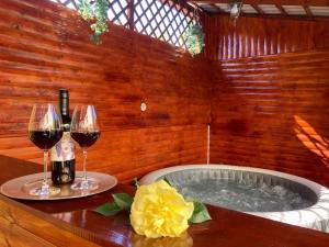 奥尔绍瓦Vila Arjana的浴缸旁的桌子上放两杯葡萄酒