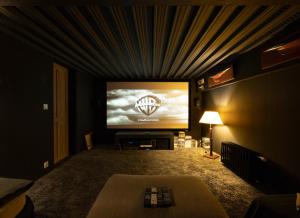 瓦讷VILLA LE LOFT - CALME & DECO - Patio intime - Salle de Cinéma - Centre Ville的客厅配有大屏幕电视