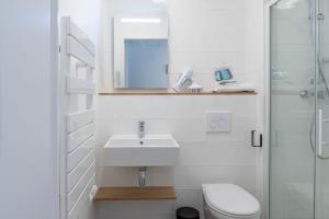 拉特斯Kabane Montpellier的一间带水槽、卫生间和镜子的浴室