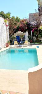沃利迪耶Villa La Palmeraie的一个带椅子和树木的大型蓝色游泳池