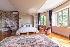 CharmeilChâteau de Charmeil- Vichy chambres d'hôtes的一间卧室配有一张床和地毯