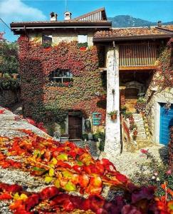 特雷莫西内Rustico La Colonna - Tremosine sul Garda的前面有一堆花的砖砌建筑