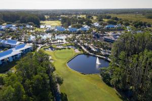 卫斯理堂Saddlebrook Golf Resort & Spa Tampa North-Wesley Chapel的享有高尔夫球场空中美景,设有池塘