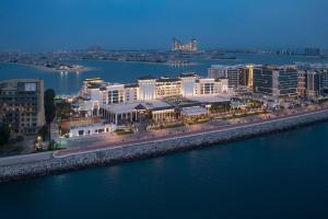 迪拜Taj Exotica Resort & Spa, The Palm, Dubai的水边城市的空中景观