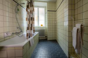 毛特恩Grüner Baum Wachau - Retro Frühstückspension的带浴缸、淋浴和盥洗盆的浴室
