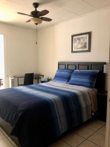Santiago EsteRoom near Airport/ Cerca del Aeropuerto的一间卧室配有一张蓝色的床和吊扇