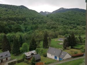 BeaudéanAuberge Chez Gabrielle - Vallée de Lesponne的享有山脉村庄的空中景致