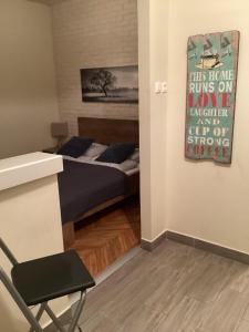布达佩斯质朴公寓的客房设有一张床、一张桌子和一把椅子。