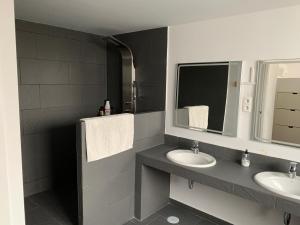 马德里Agradable chalet con piscina privada cerca de Madrid的浴室设有2个水槽和镜子