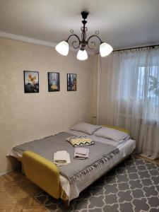 基辅Sunflower Apartment near Kiev airport & railway station & center city!!!的一间卧室配有一张床和一个吊灯