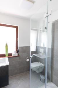 兰施泰因Lahn-Living III - modernes und helles Apartment mit Top Ausstattung的浴室配有卫生间、盥洗盆和淋浴。