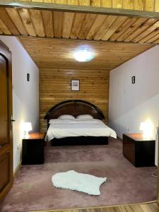 锡纳亚BSG Villa - Sinaia的一间卧室设有一张大床和木制天花板。