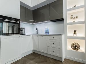 博茨科沃Aquarius Residence apartament 203的厨房配有白色橱柜和黑色家电