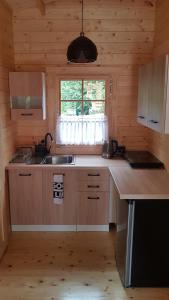 新古提Zacisze Śniardwy的小屋内的厨房设有水槽和窗户