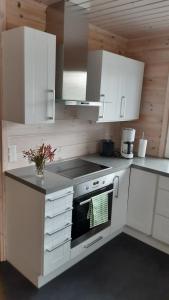 普哈圣山Skicamp 3的厨房配有白色橱柜和炉灶烤箱。