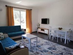 奥林波斯Olympos Apart的客厅配有蓝色的沙发和桌子