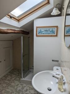 Bouillé-LoretzCloserie Les Roches - Charming and spacious 2 bedroom cottage的浴室配有白色水槽和天窗。