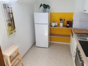 克罗伊茨林根Ferienwohnung mit Ausblick的厨房配有白色冰箱和水槽
