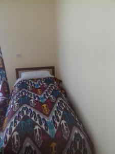 希瓦Ancient Khiva的卧室内一张带五颜六色棉被的床
