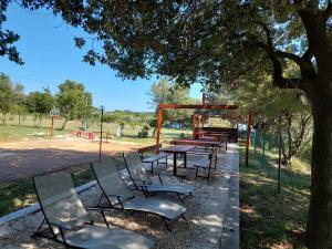 普拉Grand Veles camp的公园里树下的野餐桌椅