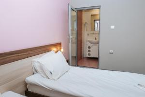 扬博尔Hotel Tundzha - Renovated!的卧室配有一张带镜子的白色大床