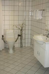 SolavagenSunde Fjord Hotel, free and easy parking的白色的浴室设有卫生间和水槽。