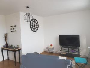 弗勒里莱欧布赖Superbe appartement de 41m2 en résidence privé的客厅配有沙发和墙上的时钟