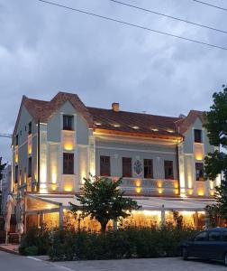 伊内乌Conacul Sfântul Sava Brancovici的一座白色的大建筑,灯火通明