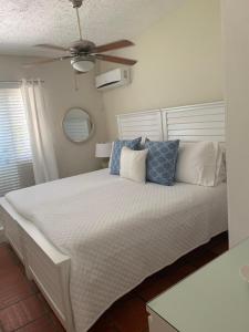 圣詹姆斯Flamboyant Beach House的一间卧室配有一张带吊扇的床