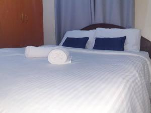 内罗毕Crystal Apartments TRM Drive的一张带蓝色枕头的大型白色床