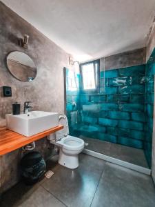 蒙得维的亚MedioMundo Hostel的一间带水槽、卫生间和淋浴的浴室