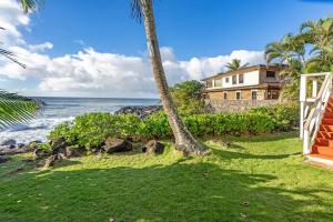 哈莱伊瓦Waimea Bay Shoreline House的棕榈树和海滩上的房屋