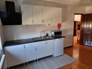 维拉·雷阿尔Casa do Espadanal的厨房配有白色橱柜、水槽和微波炉