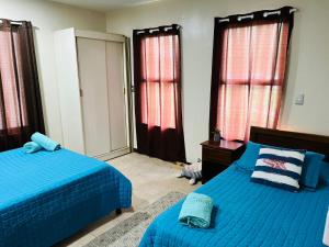 利比里亚Apartamento The Garden的一间卧室设有两张带蓝色床单和窗户的床。